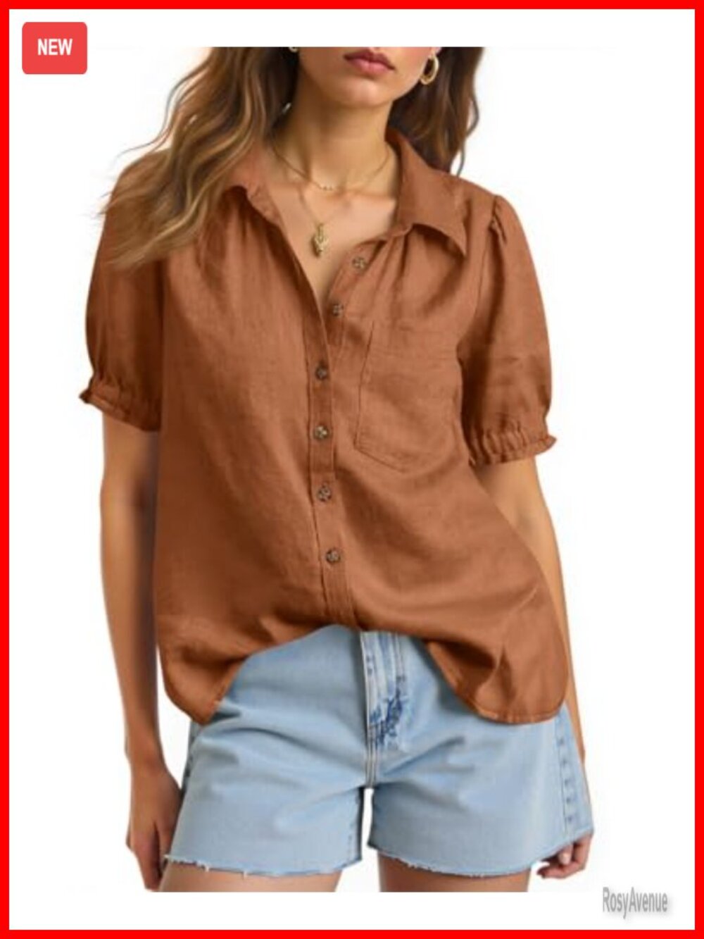 Puff Sleeve V Neck Linen Button Down Blouse